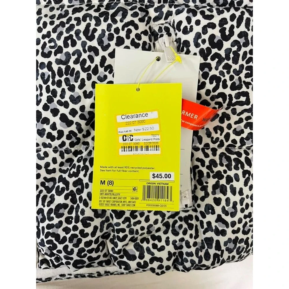 All in Motion Girls Leopard Print Puffer Jacket Hooded Winter Coat White Black M